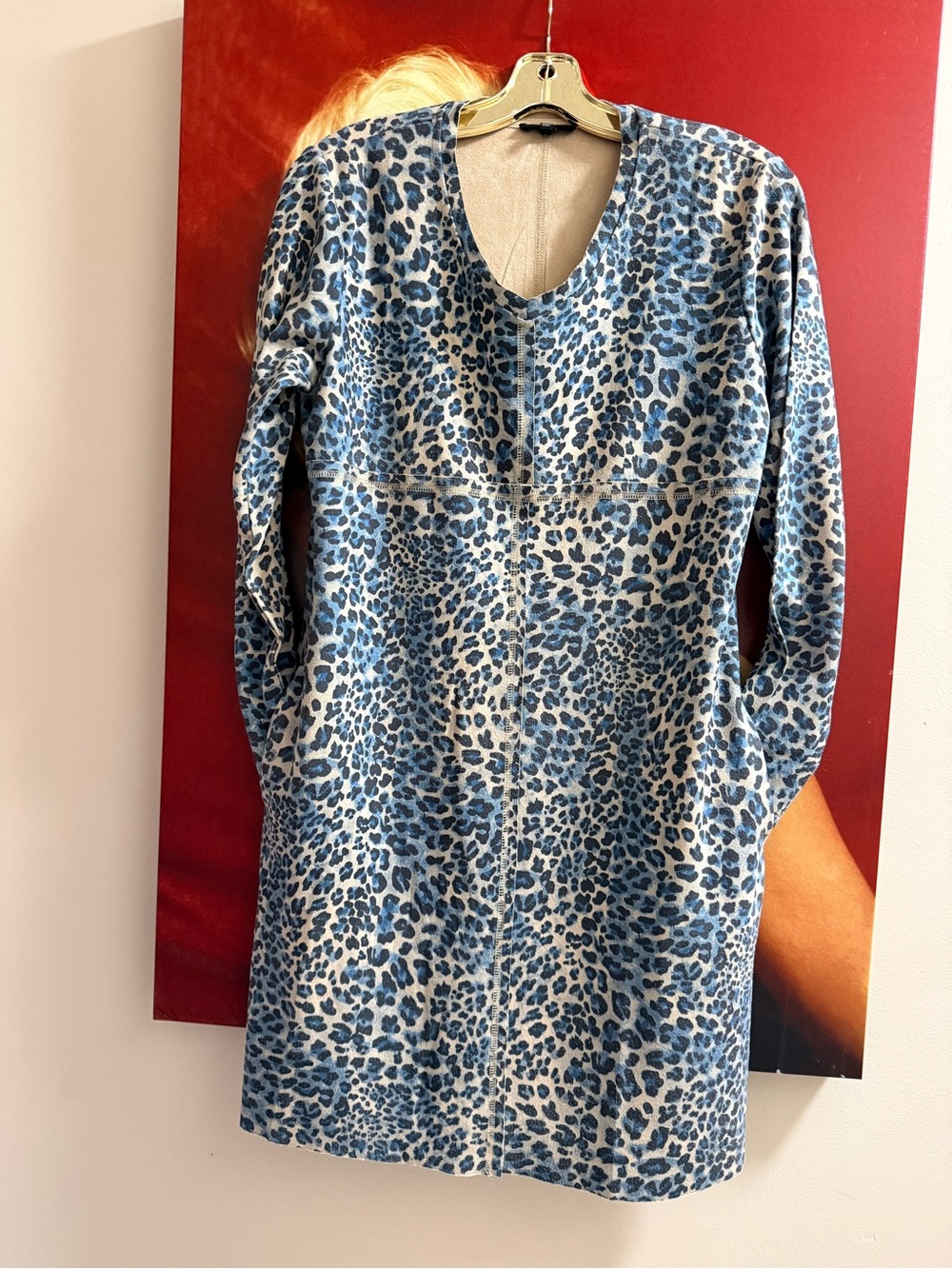 Faux Suede Blue Leopard-Print V-Neck Tunic dress with pockets